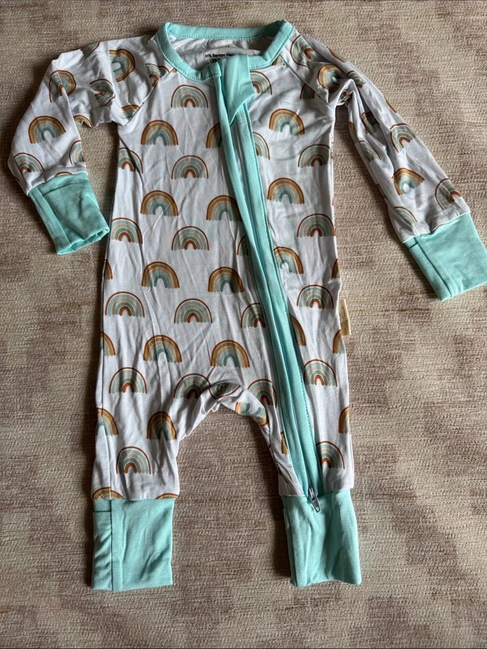 Little Peanut Mint Trim Rainbow Print Baby Zip Up Pajamas size 0-3M